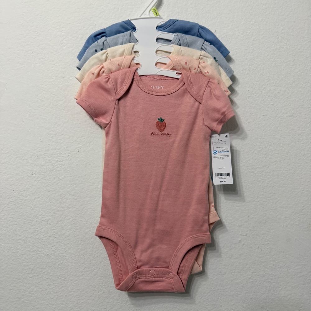 Carters Baby Girls 5 Pack Fruit Bodysuits Pink Blue Strawberry Cherry 3M NWT